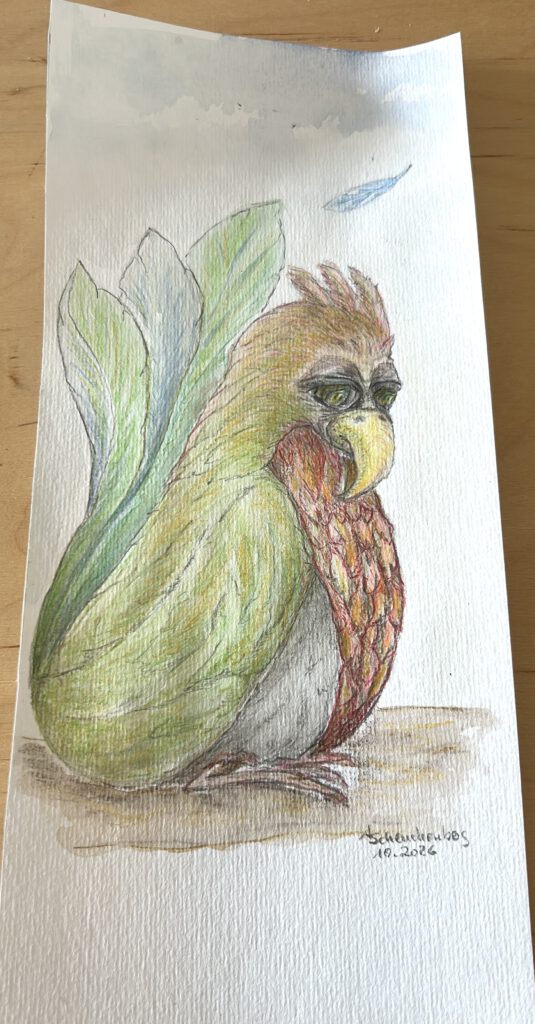 Ein bunter Vogel mit Aquarellstiften gezeichnet.